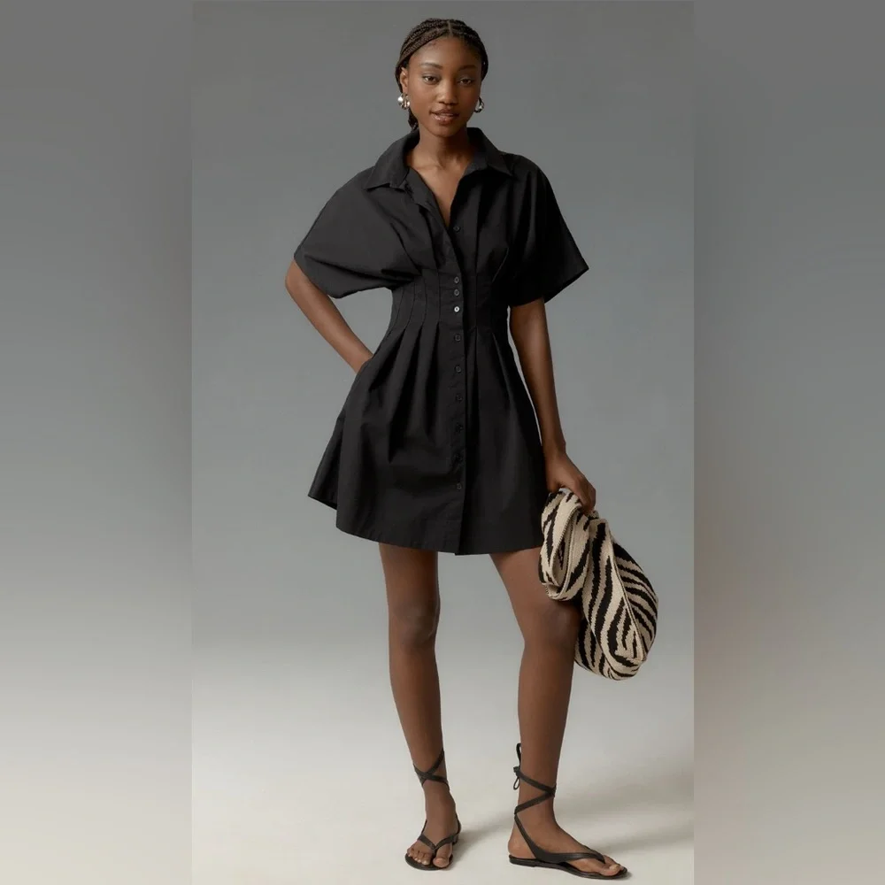 Anthropologie Exquise Tobie Mini Shirt Dress Black Pintuck Poplin XL - Picture 7 of 7